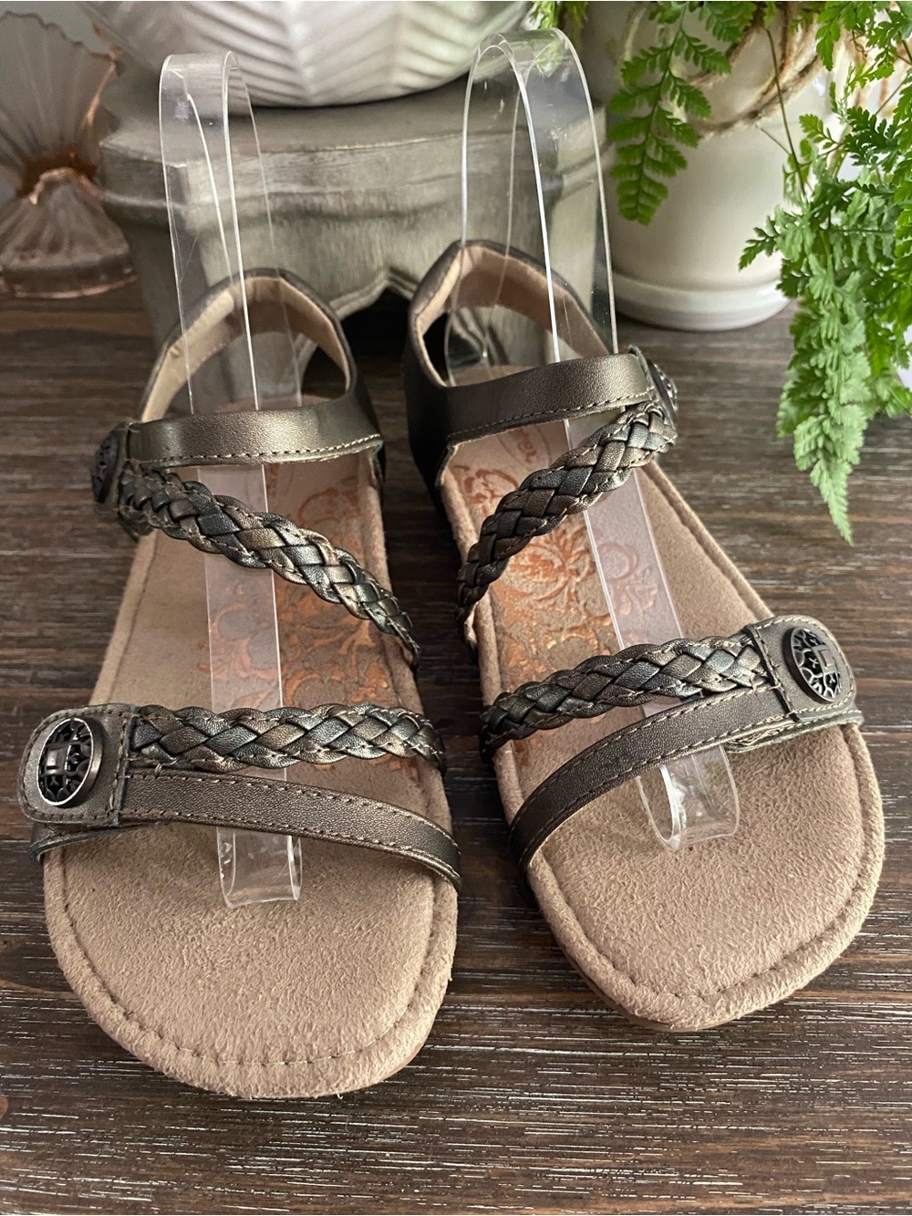 Aetrex Jillian Braided Strap Leather Adjustable Sandals Womens 36 US6 Gunmetal - Picture 4 of 11